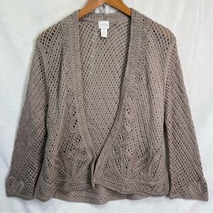 Chicos Taupe Textured Open Front Cardigan Sweater Size 2 Latticed Boho Whimsical